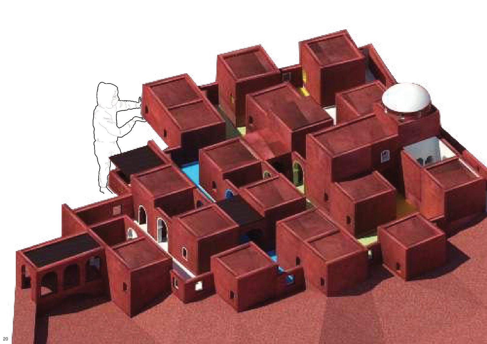 Axonometria original do Centro de Saúde no Alto Atlas — projeto académico